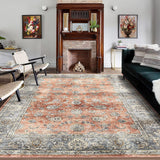 Garvee Large Area Rug 8x10 Machine Washable Rug Boho Vintage Floral Low Pile Large Thin Non-Slip Non-Shedding Carpet for Home Decor, Brick Red - Brick Red