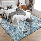 Garvee Washable Rug 4x6 Non-Slip Ultra-Thin Faux Wool Vintage Trellis for Living Room, Bedroom, Dining Room, Office, Blue/Grey - Blue