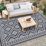 Garvee Outdoor Grey & White 8x10 Reversible Rug, Plaid Plastic Tube Portable Non-Shedding Stain Resistant Carpet for Camping Patio High Traffic - Gray & White