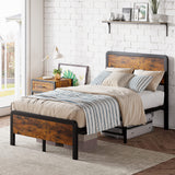 Garvee 12" Twin Metal Bed Frame + Wooden Headboard & Footboard + 800lbs Capacity + Non-Slip & Noise-Free + Vintage Brown + Under Bed Storage + Bedroom - Retro Brown