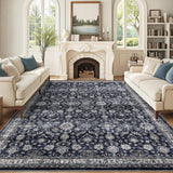 Garvee Vintage Area Rugs 8x10 Washable Floral Print Accent Carpet with Non-Slip Backing, Oriental Distressed Indoor Mat, Foldable Low Pile Floor Cover for Bedroom, Living Room, Blue - Blue