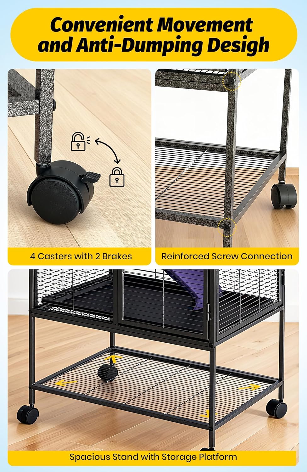 Garvee 34in Multi-Level Metal Small Animal Cage with Removable Tray & Lockable Doors, BPA-Free Wire, Soft Ramps & Hammock, Wheels & Storage Shelf, Indoor Use for Ferrets & Rabbits
