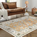Garvee Area Rug 5x7 Washable Indoor Area Rug Bedroom Rug Floral Area Rug Retro Accent Rug Non-Slip Low Pile Area Rug Vintage Area Rug for Living Room Bedroom Dining Room, 5' x 7' Orange - Orange