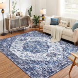 Garvee Vintage Area Rug for Living Room, 5x7 Low-Pile Machine Washable Rug, Non-Shedding Ultra-Thin Stain Resistant Indoor Floor Rugs with Non Slip Rubber Backing for Dining Room Bedroom, Blue - Blue