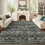 Garvee Vintage Area Rugs 8x10 Washable Floral Print Accent Carpet with Non-Slip Backing, Oriental Distressed Indoor Mat, Foldable Low Pile Floor Cover for Bedroom, Living Room, Green - Green