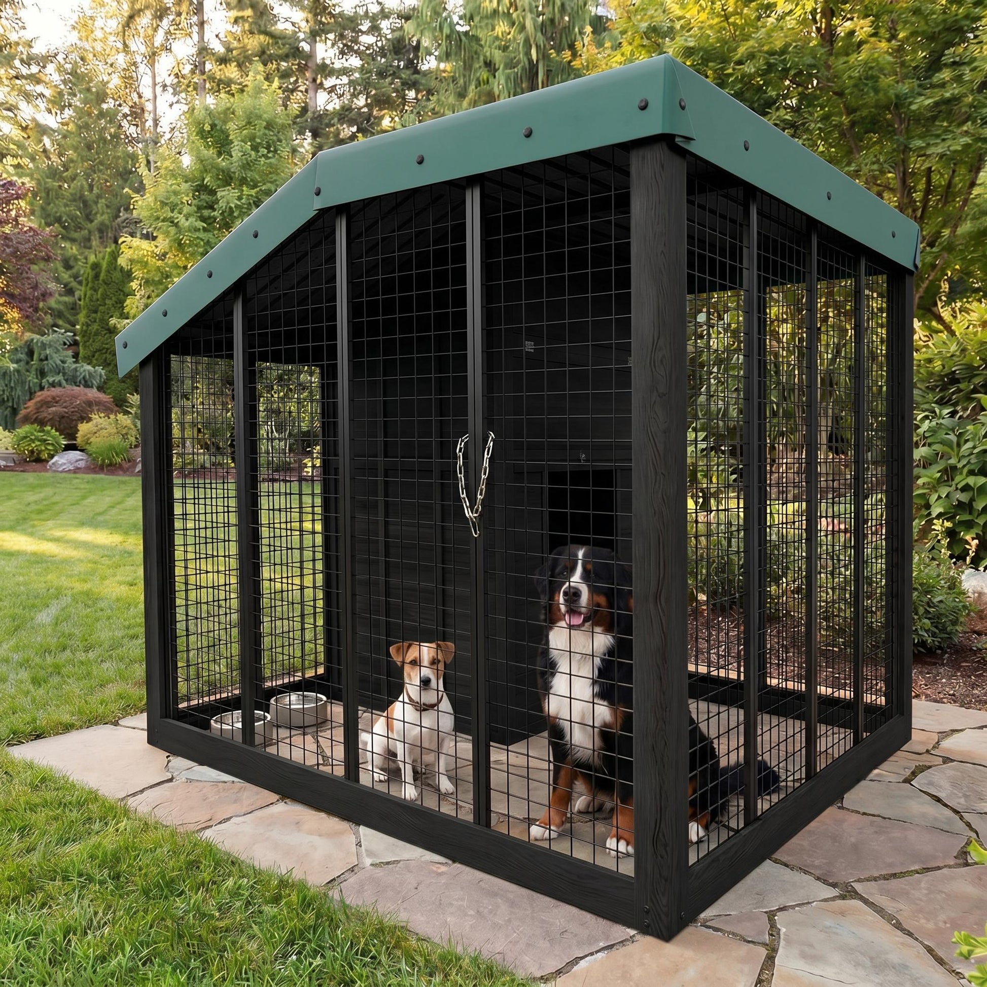 Garvee Large Outdoor Cedar Wood Dog House, Weatherproof Dog Kennel with Roof, Rear Door, Secure Lock & Built-in Storage Outdoor Safe Pet Shelter for Medium to Large Dogs, Black