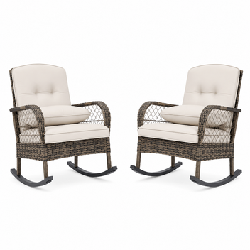 Garvee 2 pieces Outdoor Wicker Rocking Chair, PE Rattan Patio Rocker with Thick Cushions, Steel Frame, All-Weather Rocking Chair for Porch, Garden & Backyard, Beige