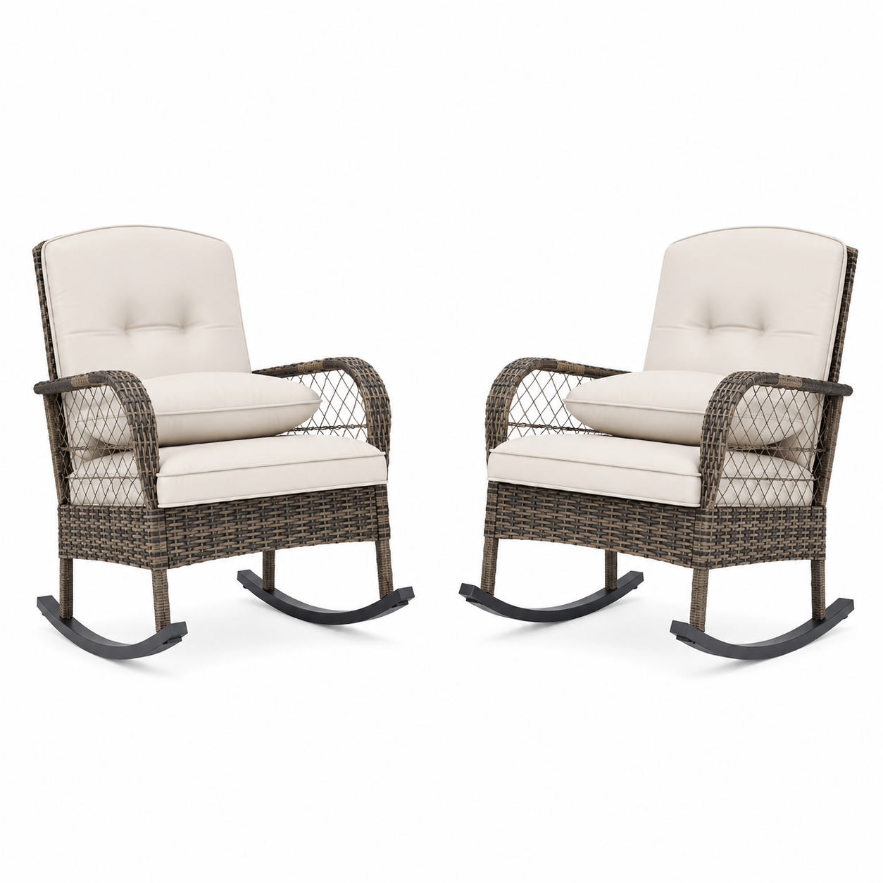 Garvee 2 pieces Outdoor Wicker Rocking Chair, PE Rattan Patio Rocker with Thick Cushions, Steel Frame, All-Weather Rocking Chair for Porch, Garden & Backyard, Beige