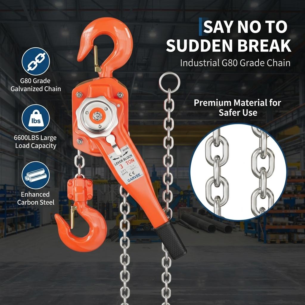 Garvee Manual Lever Chain Hoist 3 Ton G80 Galvanized Steel Chain Weston Double Pawl Brake 360° Swivel Hook Compact Design for Garage Factory Dock