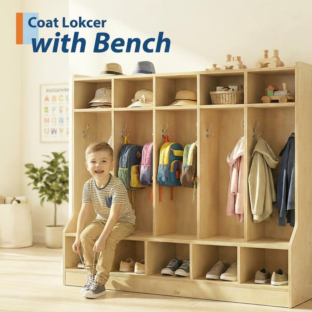 Garvee 47.5" Kids Coat Locker with Bench 10 Cubbies for Classroom Nursery Home, Smooth Wood Surface, Natural