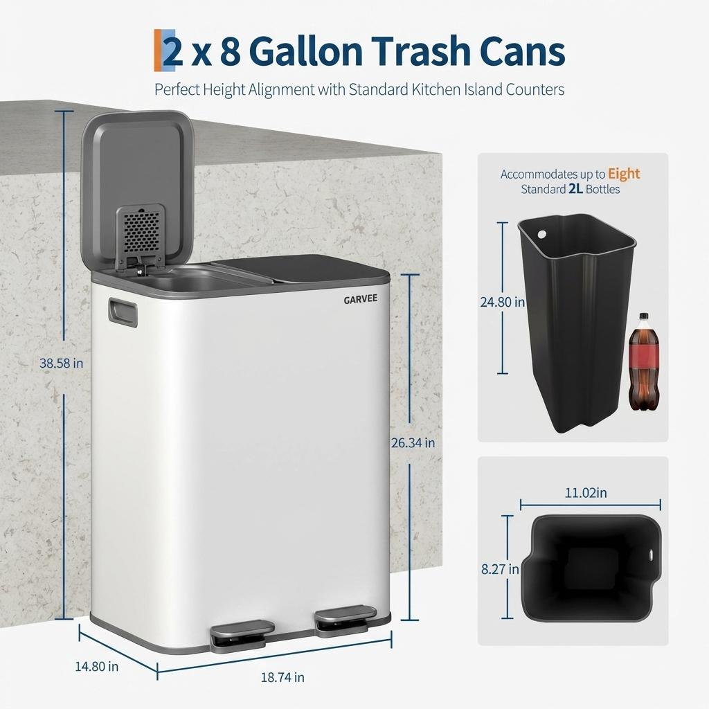 Garvee Stainless Steel Dual Compartment Trash Can 2 x 8 Gal Kitchen Recycling Bin Grayish-White