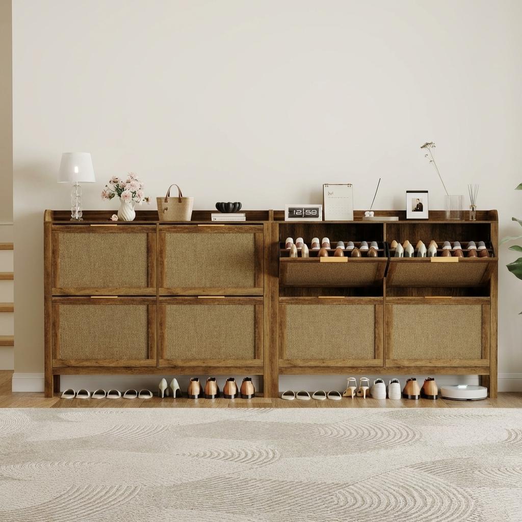 Garvee Rattan Shoe Storage Cabinet with 4 Flip Drawers Adjustable Shelves for 40 Pair Shoes Brown Boho Entryway Hallway 47 Inch