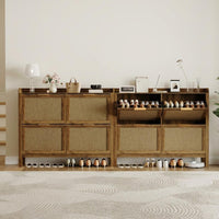 Garvee Rattan Shoe Storage Cabinet with 4 Flip Drawers Adjustable Shelves for 40 Pair Shoes Brown Boho Entryway Hallway 47 Inch