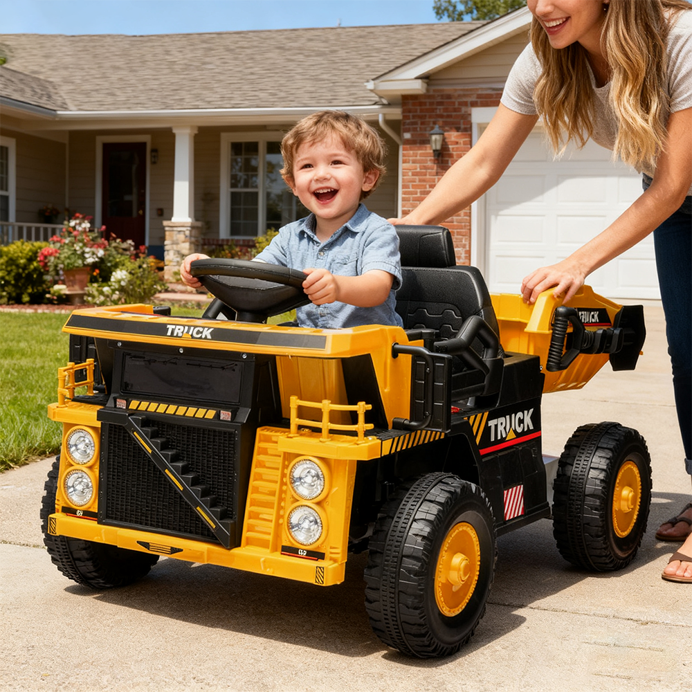 Garvee Ride - P Series: 12V Ride On Construction Vehicle for Kids With Remote Control, Electric Dump Bed,Shovel,Music Player, and Four Wheel Shock Absorption for Kids 3+(Yellow)