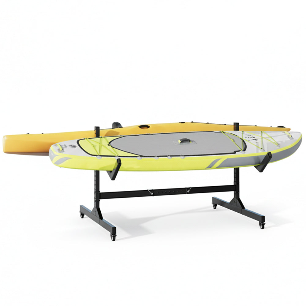 Garvee Adjustable Width Kayak Storage Rack (51-67") with Wheels - Heavy Duty Single Tier Stand for Wide Kayaks, SUPs, Canoes & Surfboards (Up to 120 lbs, Anti-Rust Steel)
