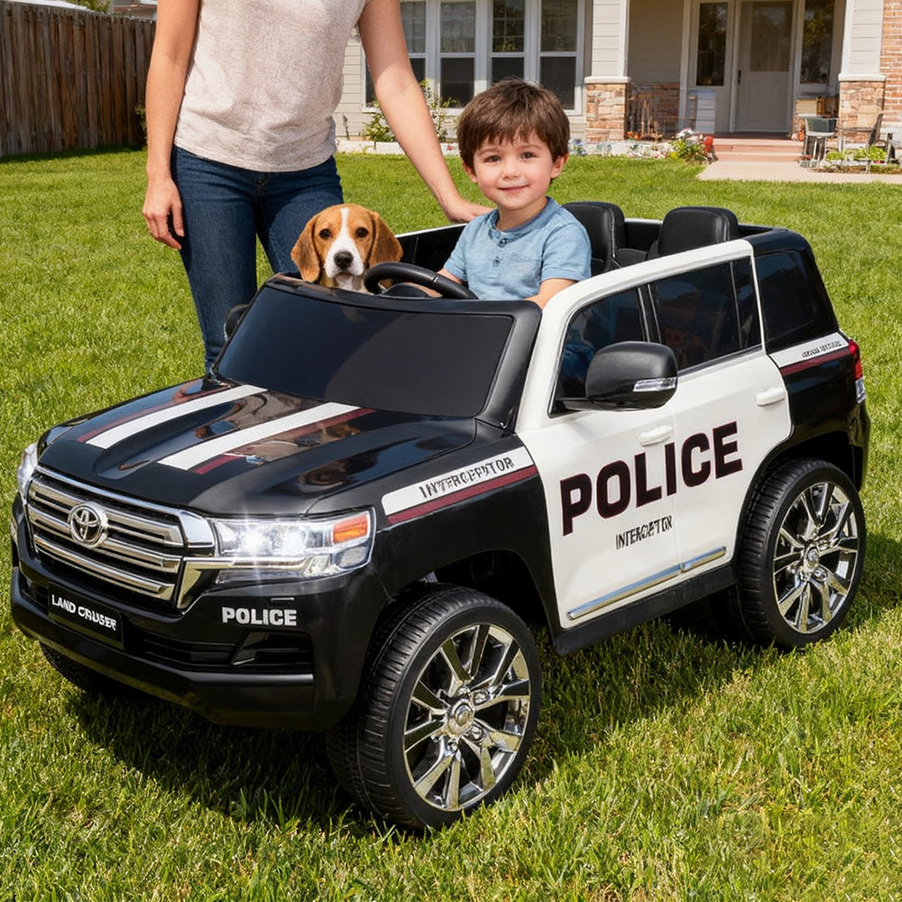 Garvee Ride - P Series: 12V Toyota Land Cruiser Kids' Car: Remote, LED, 3 Speeds, Dual 45W Motors, USB Music, Seat Belt, CPC & ASTM Approved - Black and White