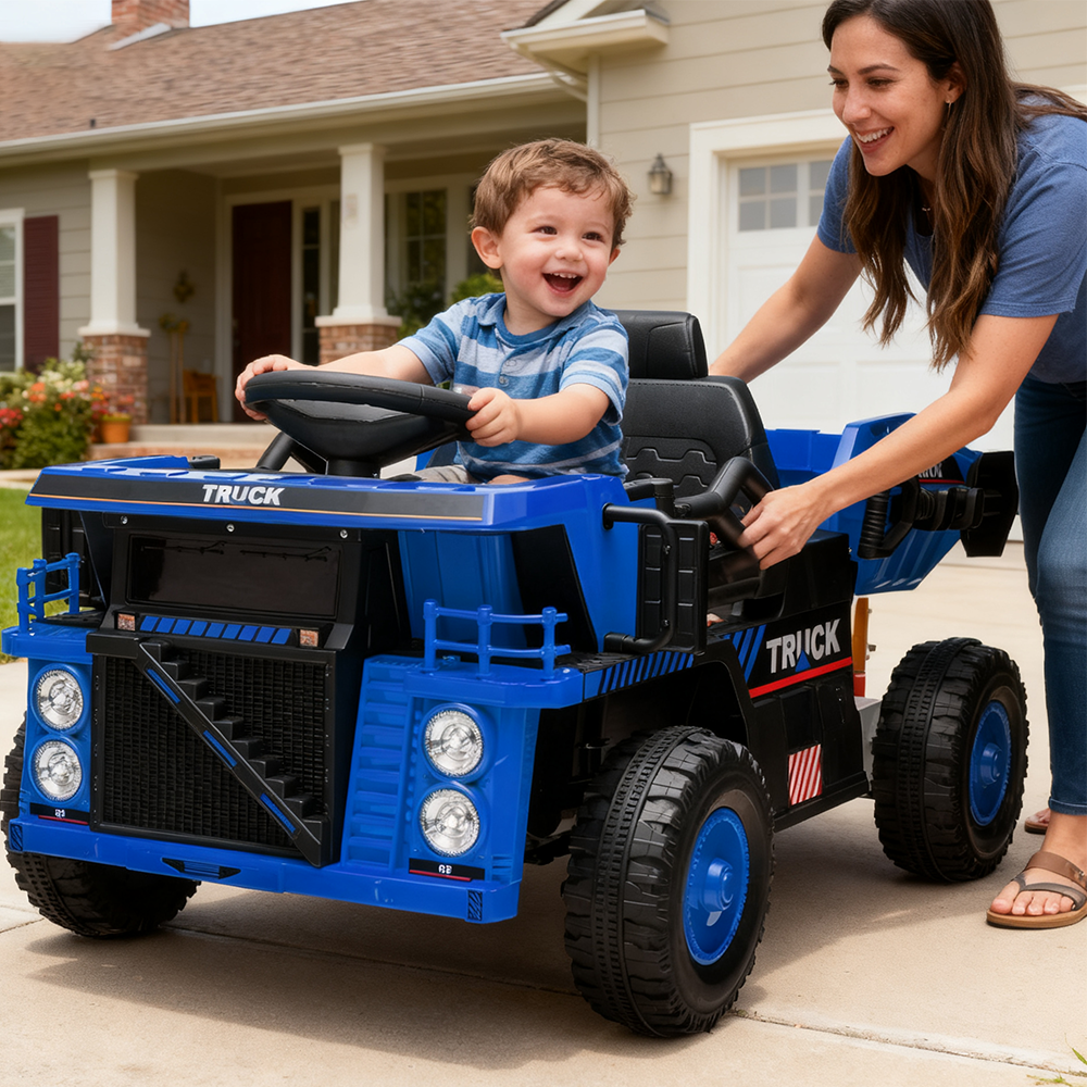 Garvee Ride - P Series: 12V Ride On Construction Vehicle for Kids With Remote Control, Electric Dump Bed,Shovel,Music Player, and Four Wheel Shock Absorption for Kids 3+(Blue)
