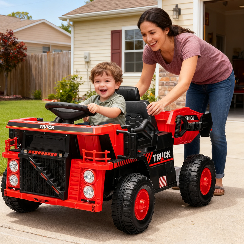 Garvee Ride - P Series: 12V Ride On Construction Vehicle for Kids With Remote Control, Electric Dump Bed,Shovel,Music Player, and Four Wheel Shock Absorption for Kids 3+(Red)