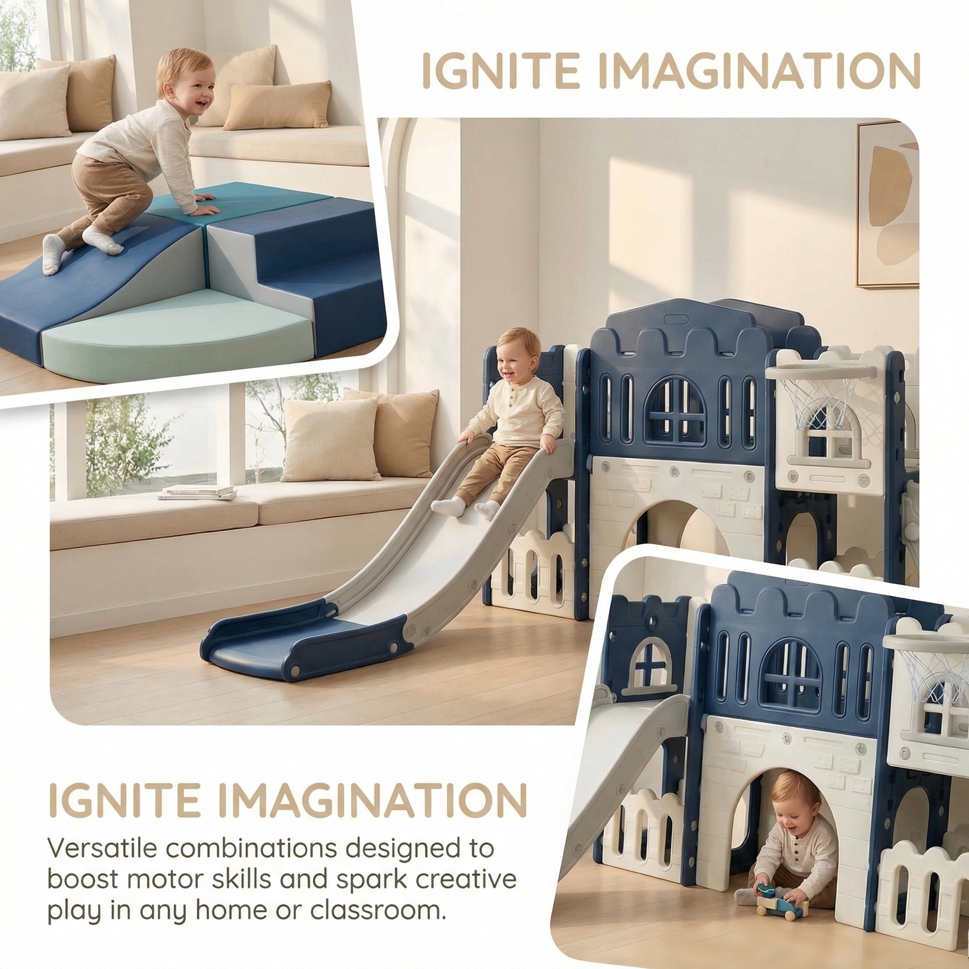 Garvee Toddler Indoor Playground - 8-in-1 Castle Slide Set with Tunnel, Basketball Hoop, and Soft Foam Climbing Blocks for Ages 1+