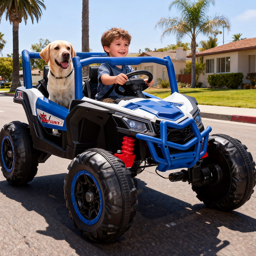 Garvee 2 Seater Ride on Car for Kids, 24V Powered Electric Off-Road UTV Ride Toy, 4WD Electric Vehicle with Remote Control, LED Lights, Bluetooth, 3 Speeds, Horn, 2 Spring Suspension (Blue)