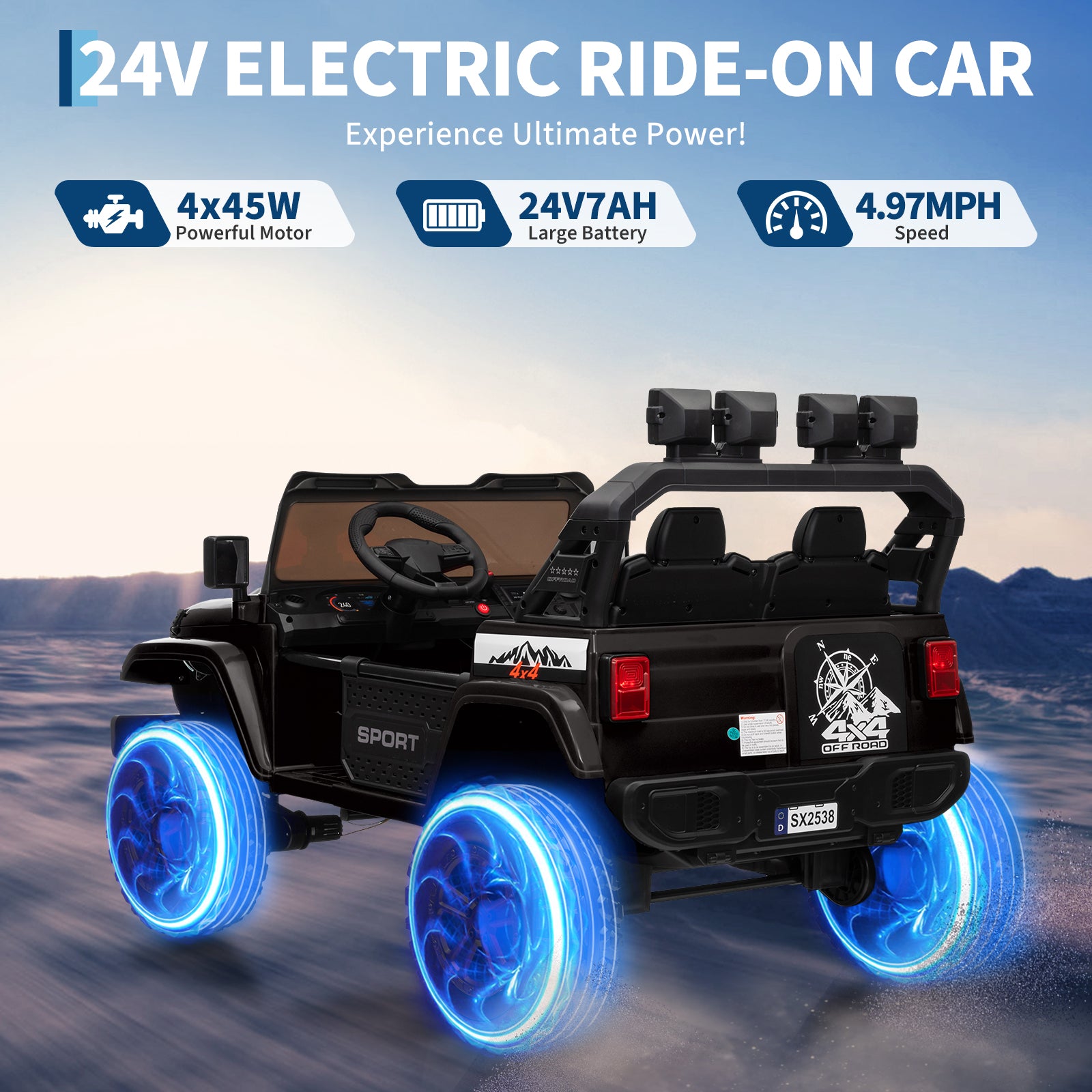 Garvee Ride - P Series: 24V Ride On Car, 4WD 2 Seater Kids' Electric Vehicle Truck with Remote Control, Adjustable Footwell Ride On Truck, 3 Speeds, Led Lights, Bluetooth, Black
