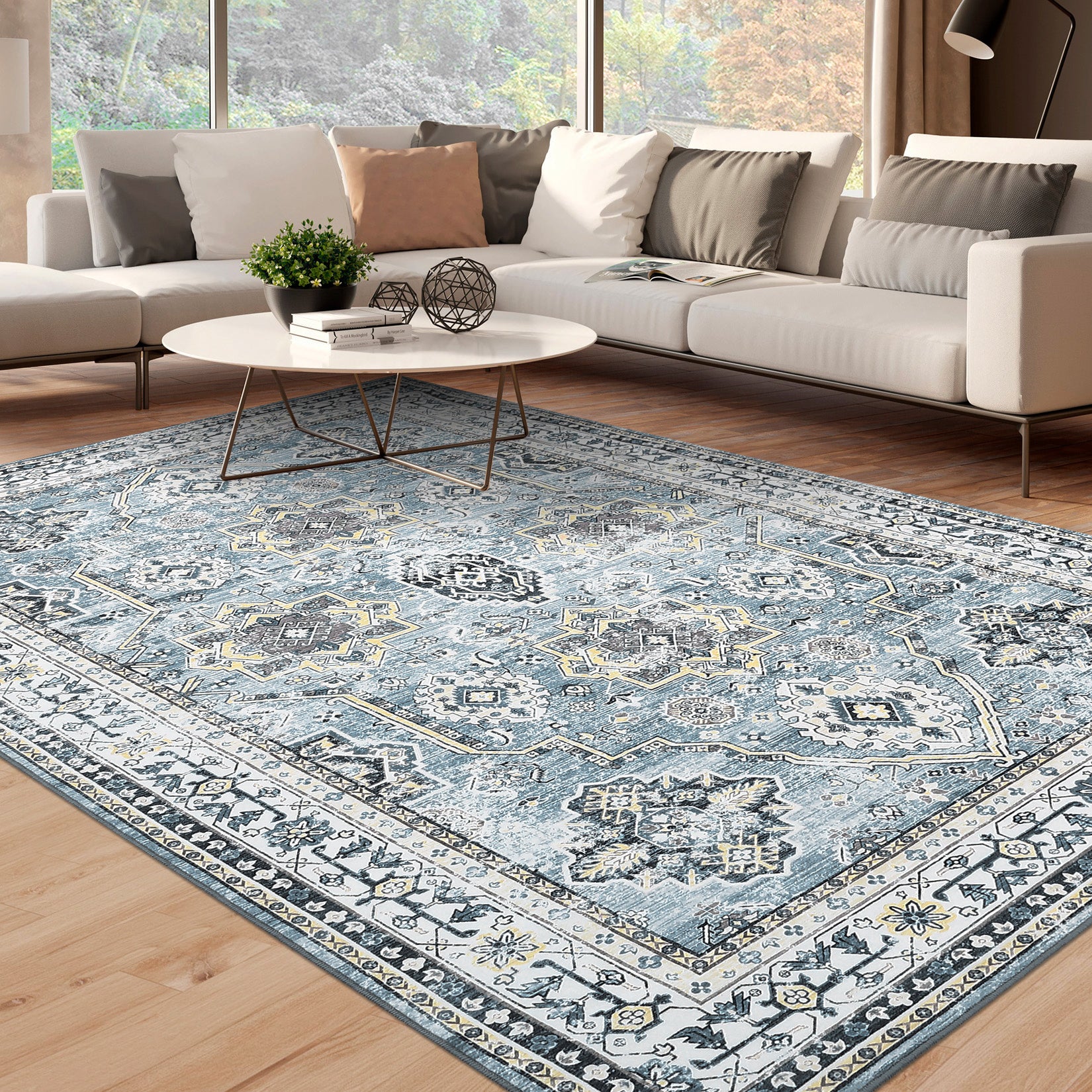 Garvee Boho Blue 5x7 Washable Rug, Oriental Vintage Non Slip Soft Faux Wool Stain Resistant Carpet for Living Room, Bedroom, Officem Soft Faux Wool Stain Resistant Carpet for Office Nursery Dining Room