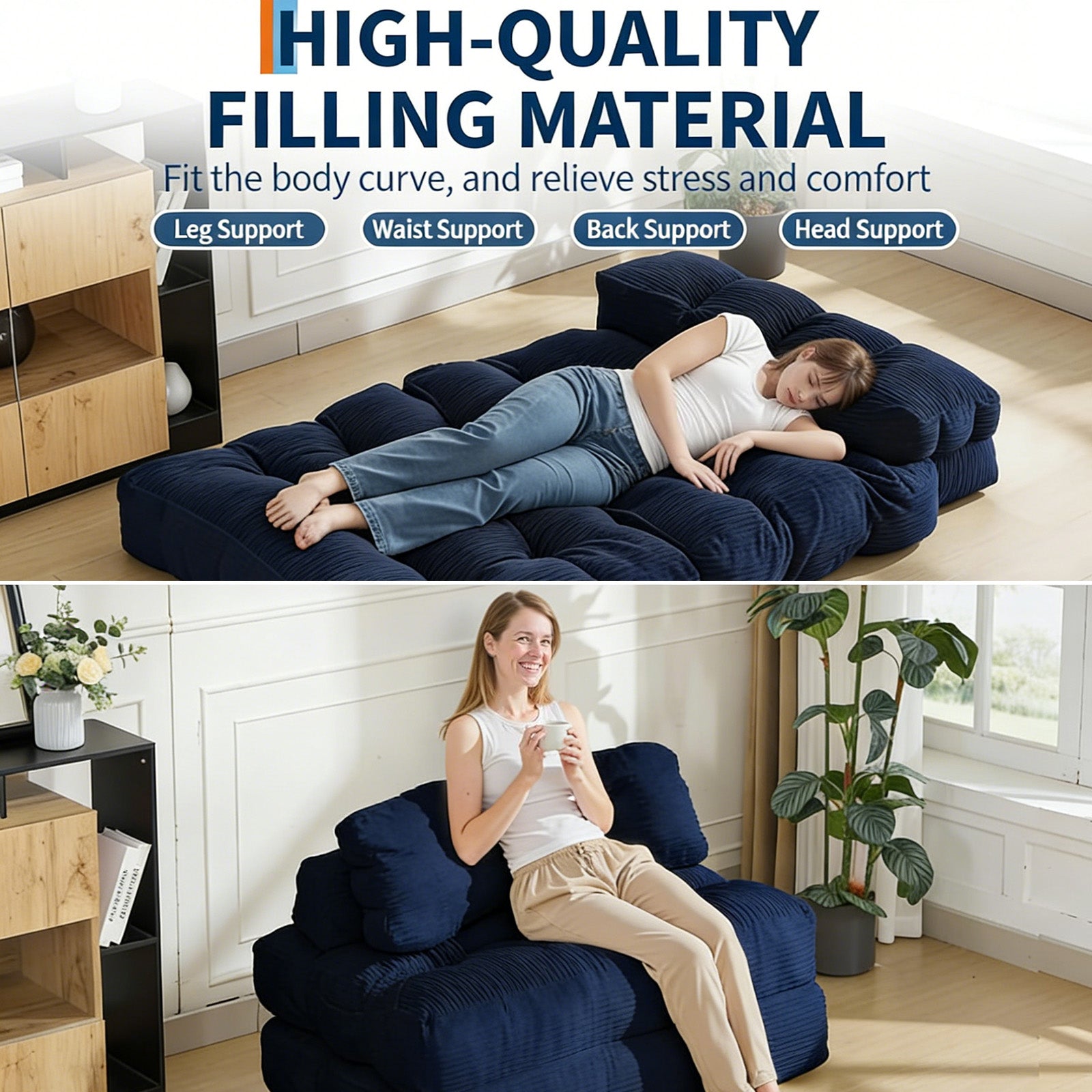 Garvee Folding Sofa Bed, 3-in-1 Convertible Sleeper Chair with Pillow, Double Futon Couch Bed with Back Support, Portable Fold Out Chair Bed Comfy Floor Sofa Lounge for Living Room Bedroom, Navy Blue