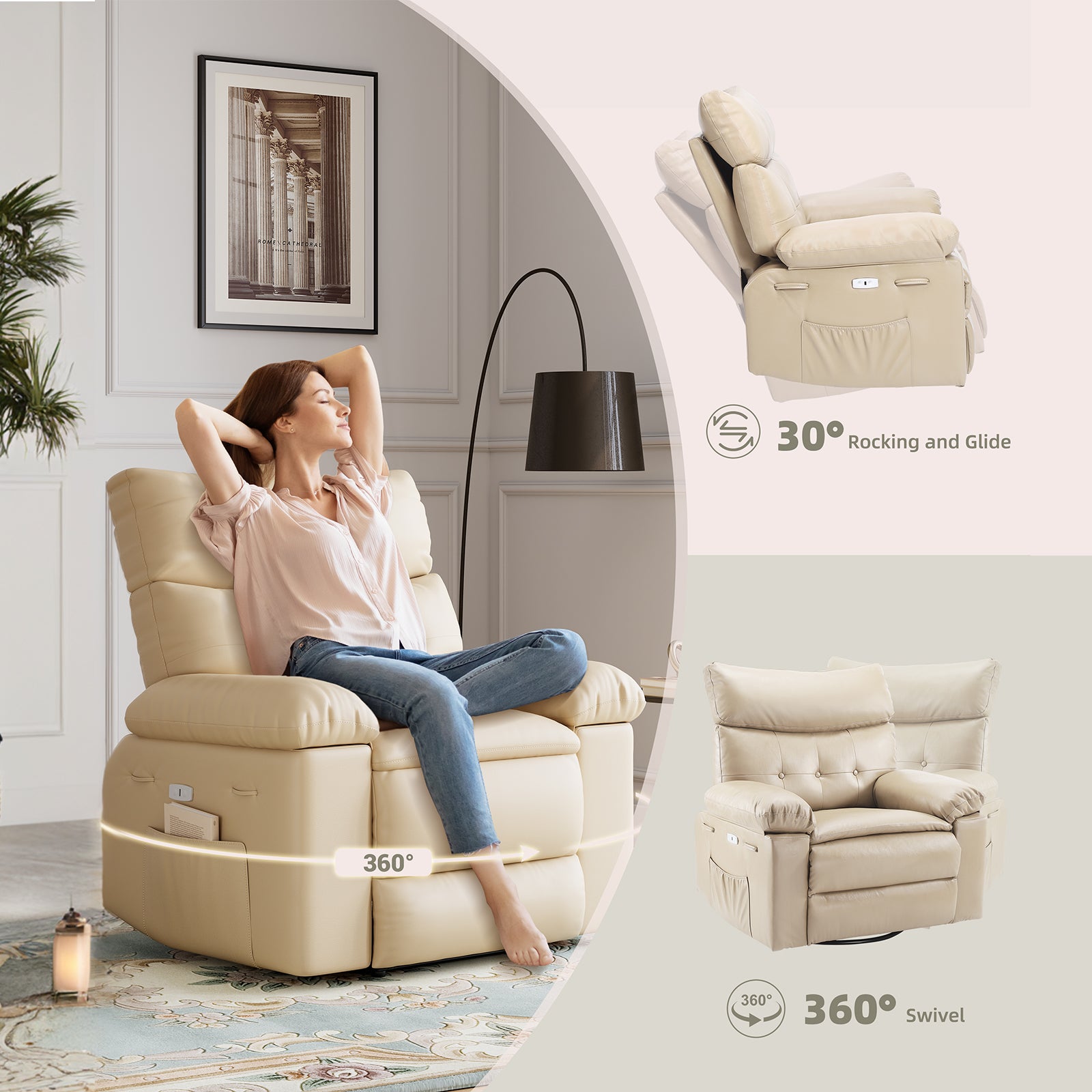 Garvee 360 Degree Swivel Recliner Chair for Adults, Oversized Electric Rocker Recliner with Massage and Heating, Faux Leather Single Sofa Chair  for Living Room Bedroom, Beige