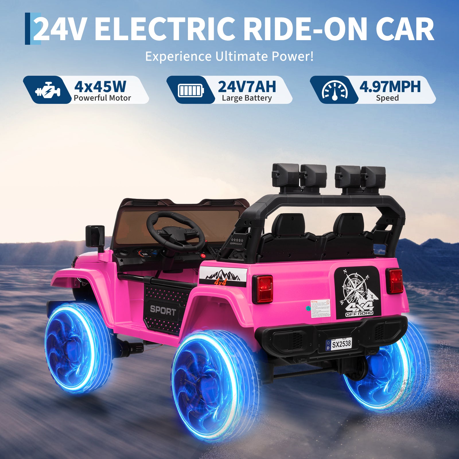 Garvee Ride - P Series: 24V Ride On Car, 4WD 2 Seater Kids' Electric Vehicle Truck with Remote Control, Adjustable Footwell Ride On Truck, 3 Speeds, Led Lights, Bluetooth, Pink