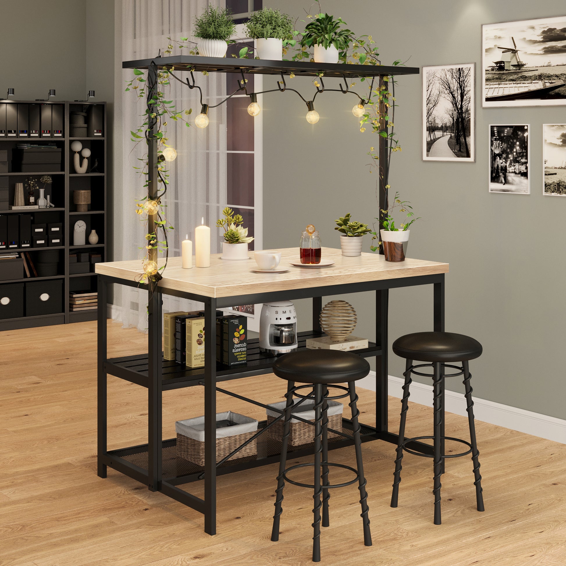 Garvee 42" Large Kitchen Island Bakers Rack Microwave Oven Stand Kitchen Shelf with 3 Tier Storage, Metal Coffee Bar Table,Kitchen Storage Shelf for Dining Living Room, 5 Hooks, 42"*28"*72"