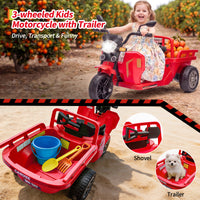 Garvee Ride P Series 3-Wheels Electric Tricycle w/Trailer, 12V Battery Powered Kids Motorcycle with Sand Shovel, 2x55W Motors, Bluetooth, Music, Headlight, Ride on Motorcycle for Kids Toddlers, Gift for Boys Girls,  Red