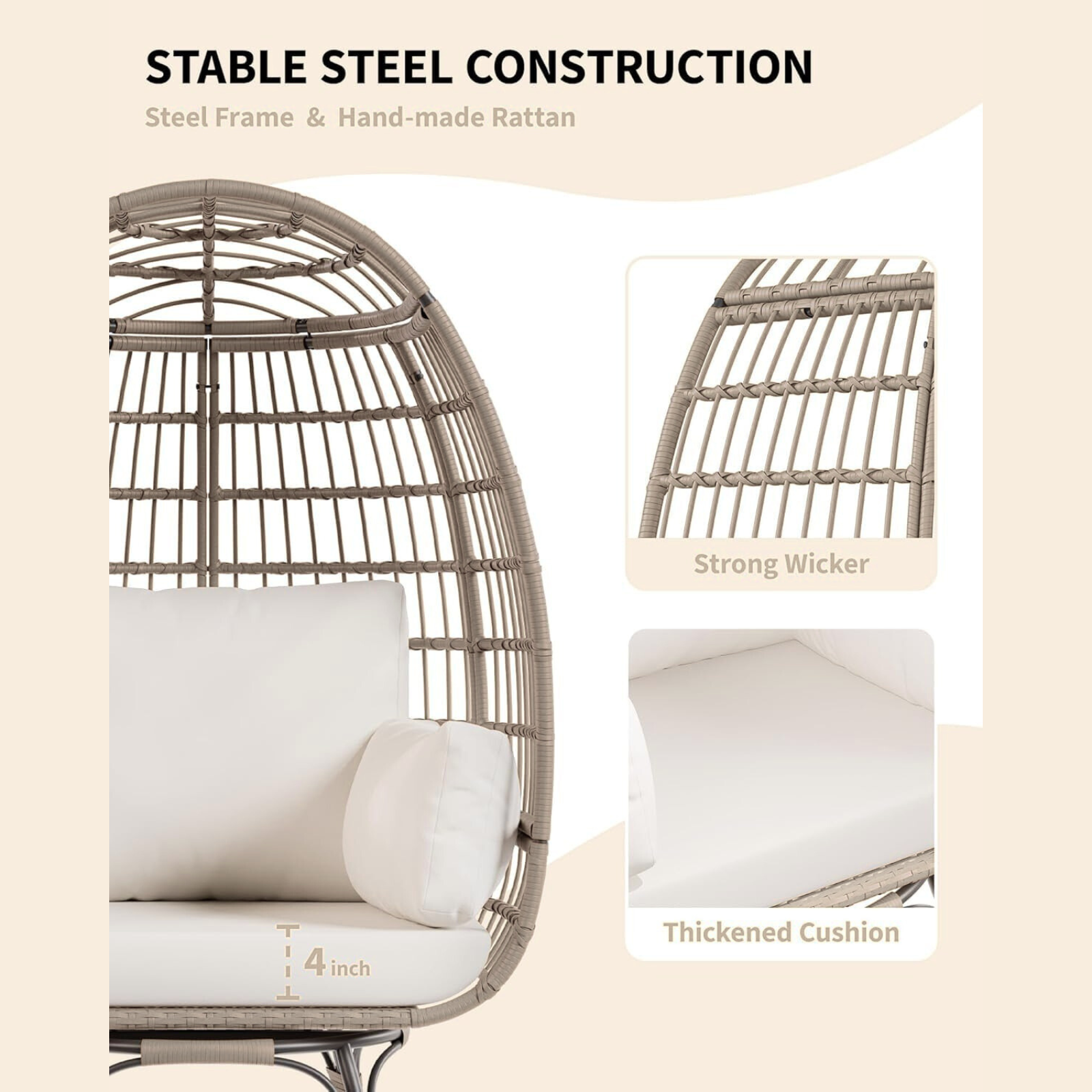 Garvee 360° Swivel Egg Chair, Oversized Patio Rotating Basket Chair, Steel Frame and Metal Base, Waterproof, PE Rattan Lounge Chair for Indoor & Outdoor Patio, Living Room, and Backyard, Beige