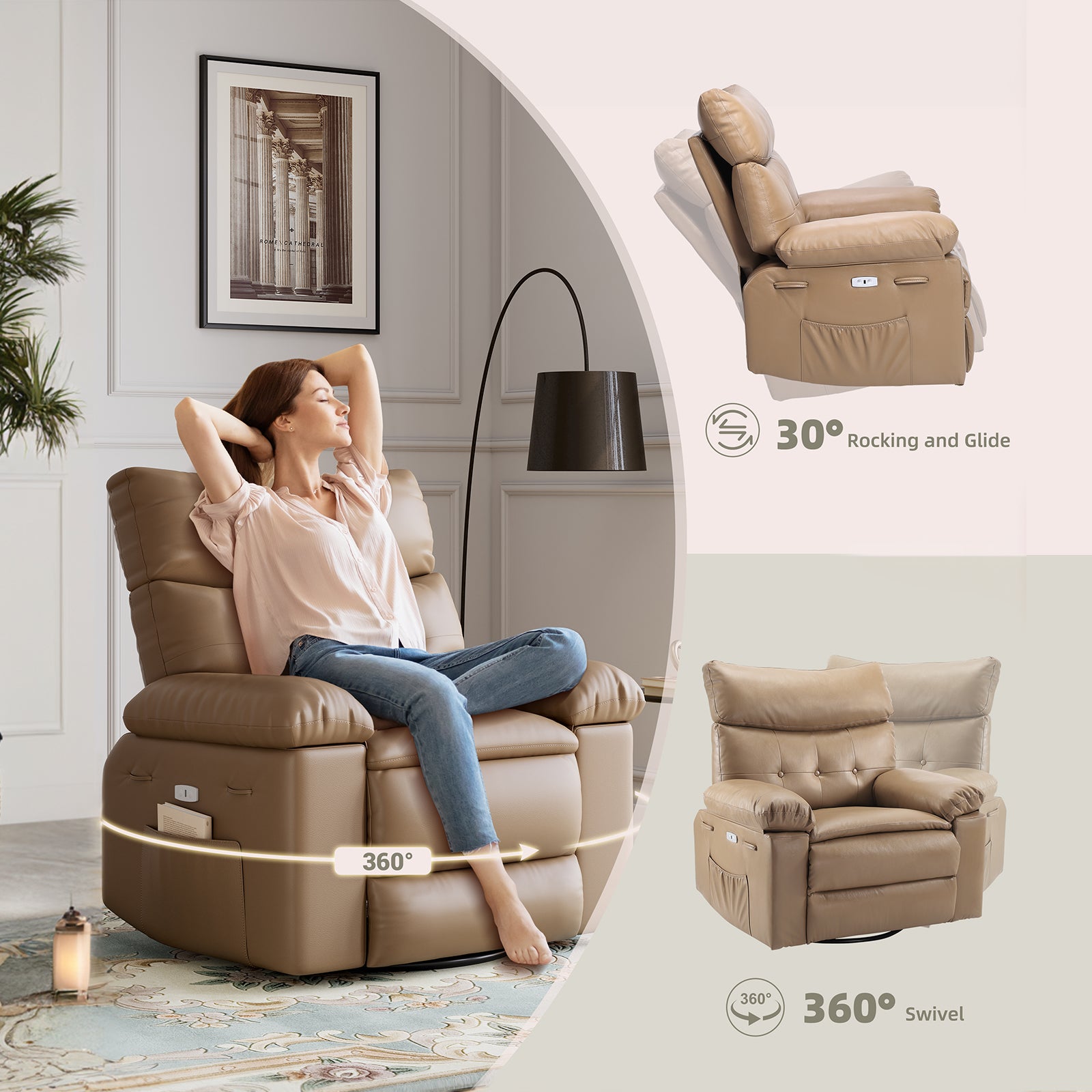 Garvee 27" Oversized Rocker Swivel Recliner Chair, Lazy Boy for Adults, with Vibrating Massage and Heating, 1.5x Sponge Filling, Side Pocket, and Cup Holder, for Living Room, Bedroom, and Nursery