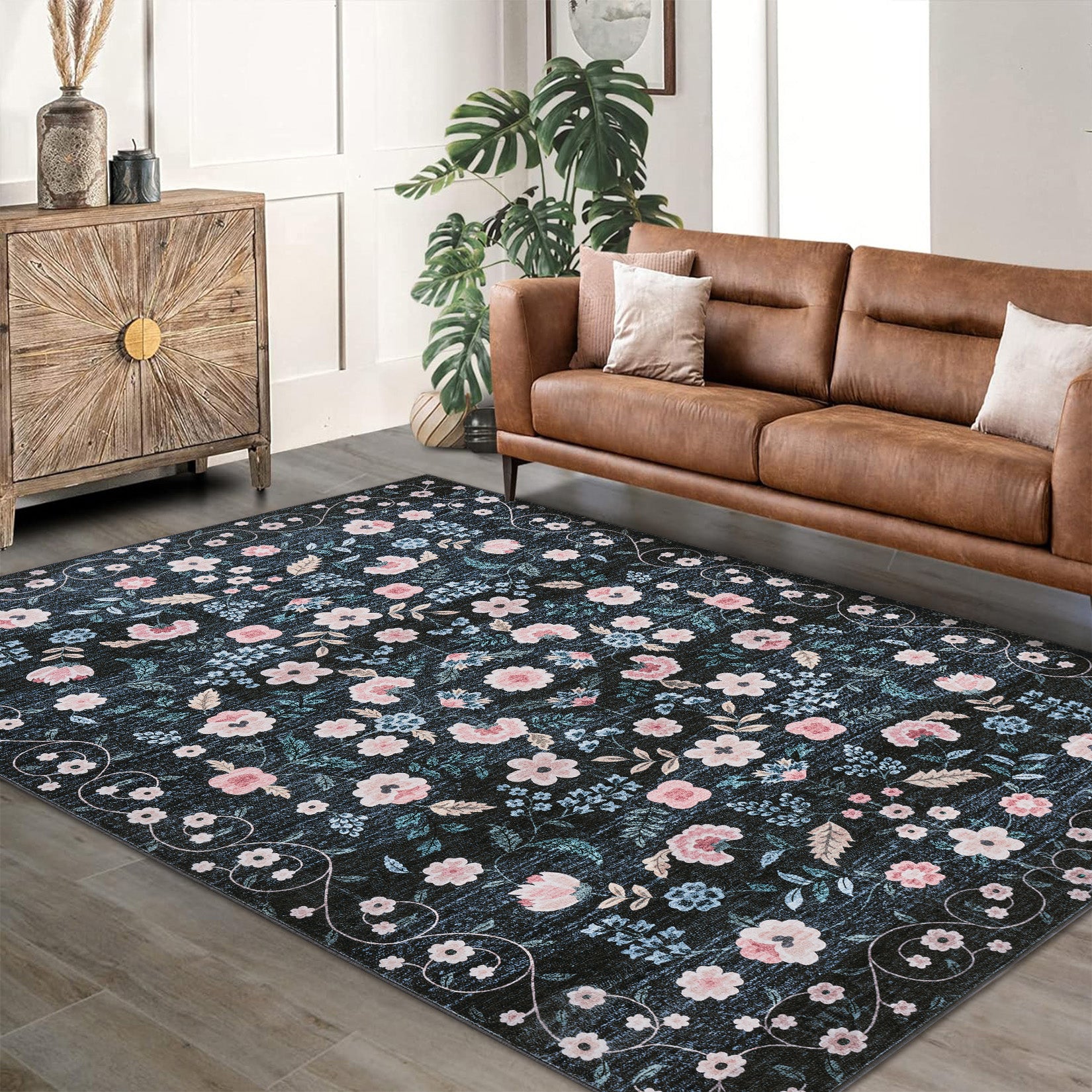 Garvee Area Rugs Washable Floral Rugs for Living Room Non Slip Low Pile Carpet for Office Bedroom Kids Room Bedside