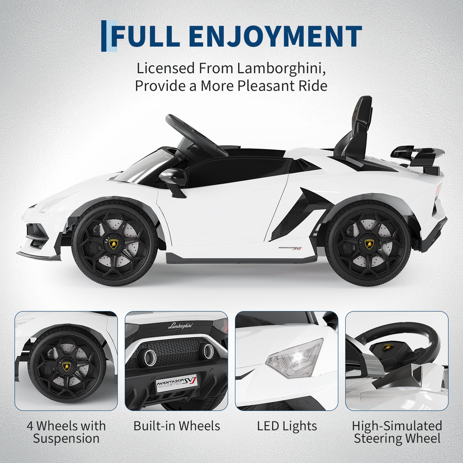 Garvee Ride P Series 12V Electric Ride-On Car for Kids | Licensed Lamborghini Battery-Powered Sports Car with Remote Control, 2 Speeds, Sound System, LED Headlights, Hydraulic Doors - White