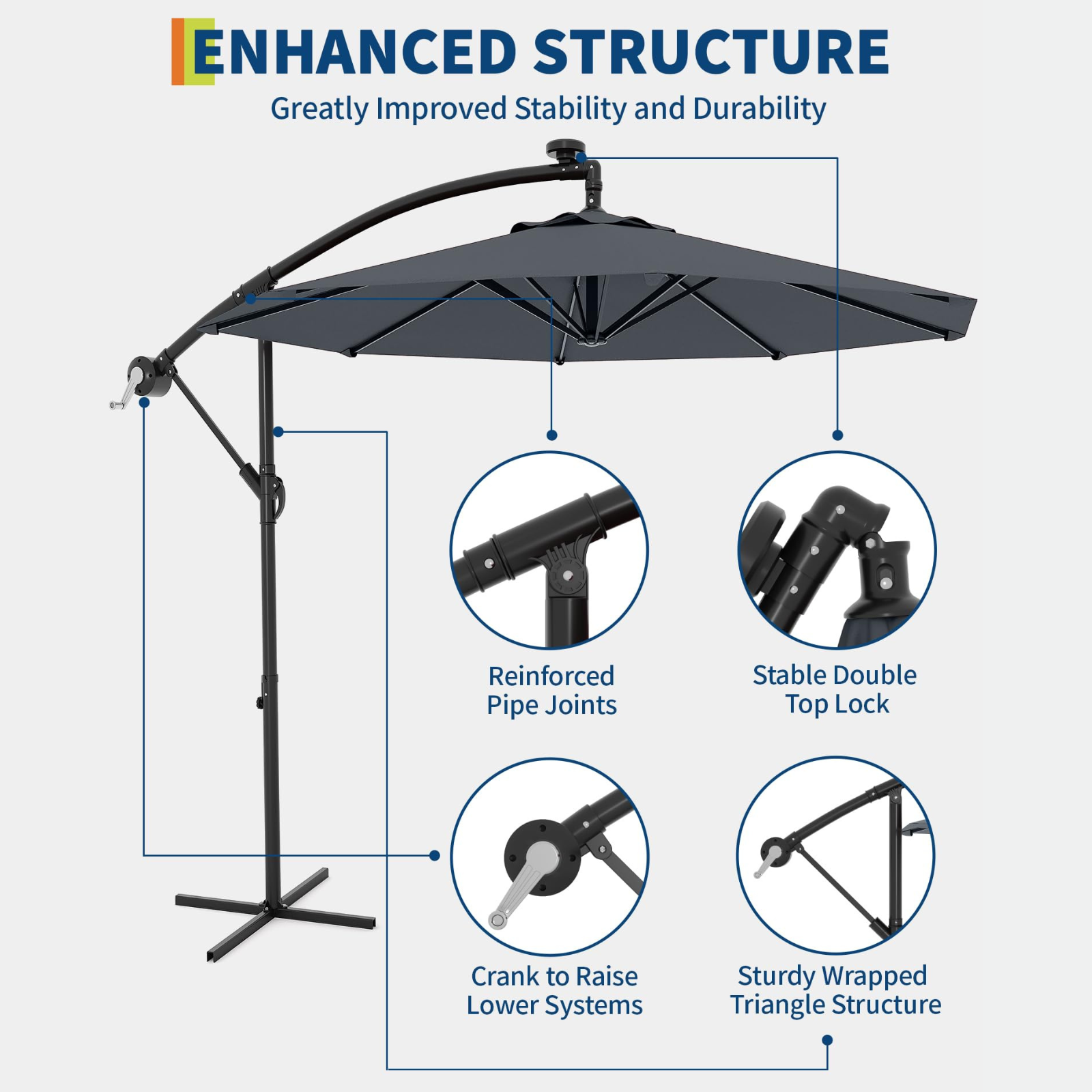 Garvee 10' Cantilever Umbrella with 360 Rotating Base, UV Protection Offset Patio Umbrella 9 Ribs Outdoor Sun Shade with Easy Tilt Adjustment for Backyard, Lawn, Garden, Navy Blue