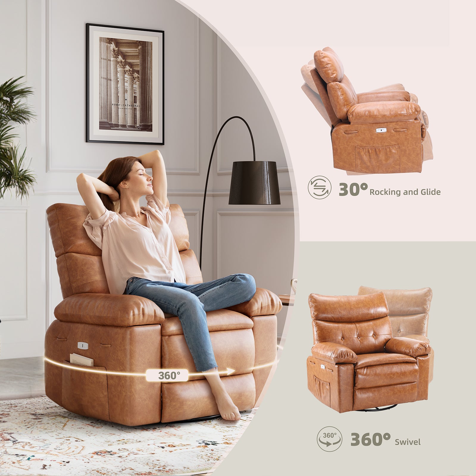 Garvee 360° Swivel Massage Recliner Chair with Heating, Manual Lazy Recliner, PU Leather, Cup Holder, 1.5x Sponge Comfort, Rocking Chair for Living Rooms and Nurseries