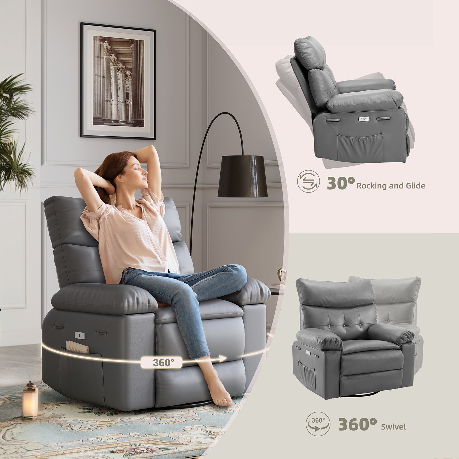 Garvee Power Recliner Chair, Rocking Recliner for Adults, Swivel Recliner with Massage, Upholstered Fabric Glider Recliner Nursery Chair, Single Sofa Seat with Side Pockets for Living Room, Grey