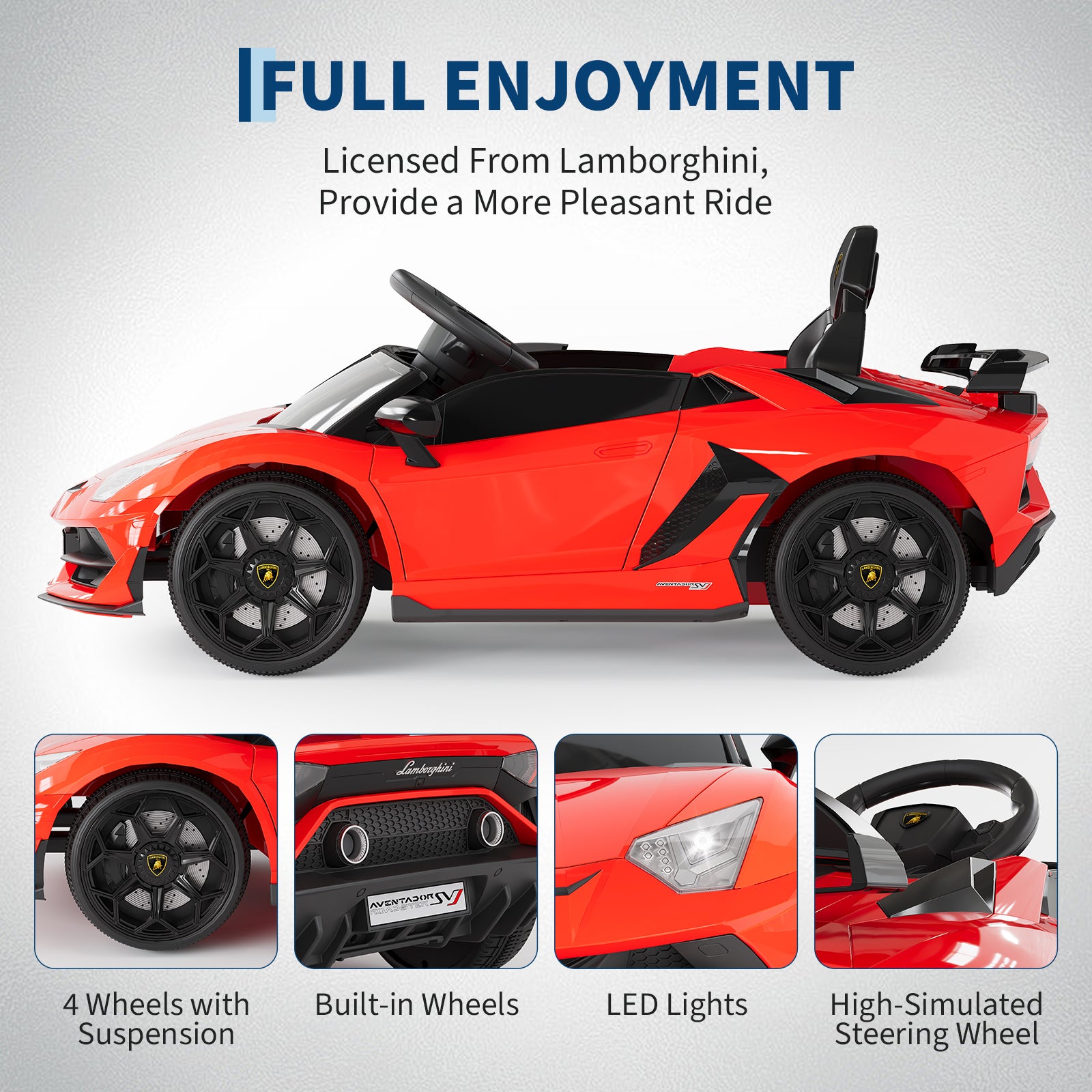 Garvee Ride P Series 12V Electric Ride-On Car for Kids | Licensed Lamborghini Battery-Powered Sports Car with Remote Control, 2 Speeds, Sound System, LED Headlights, Hydraulic Doors - Red