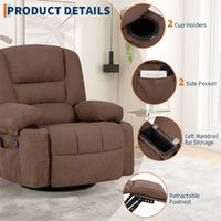 Garvee 360° Swivel Rocker Chair with Cup Holders & Side Pocket, Wide Recliner Chair with Heat and Vibration Massage, Chenille Fabric Manual Recliner Lazy Boy Chair for Adults, Brown