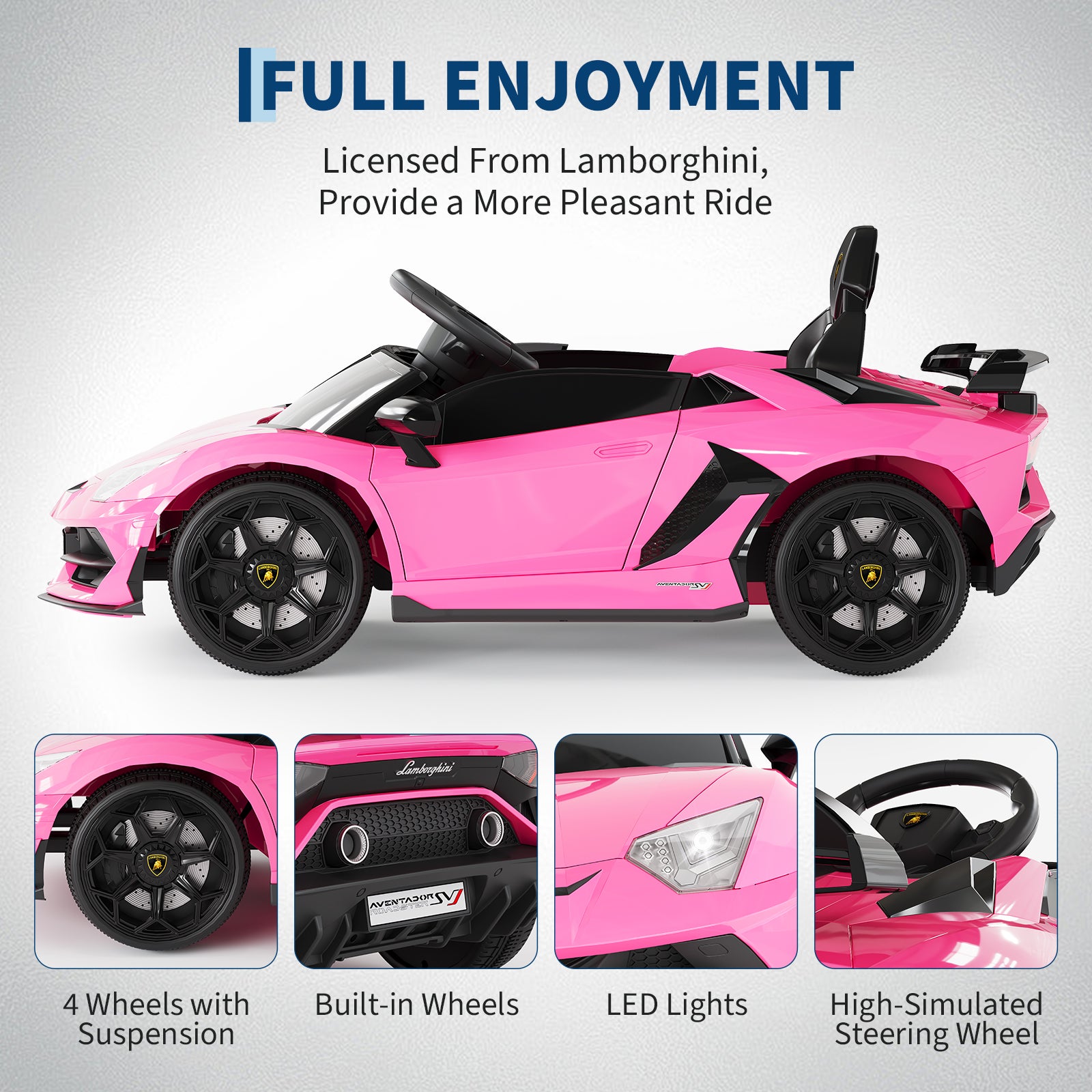 Garvee Ride P Series 12V Electric Ride-On Car for Kids | Licensed Lamborghini Battery-Powered Sports Car with Remote Control, 2 Speeds, Sound System, LED Headlights, Hydraulic Doors - Pink