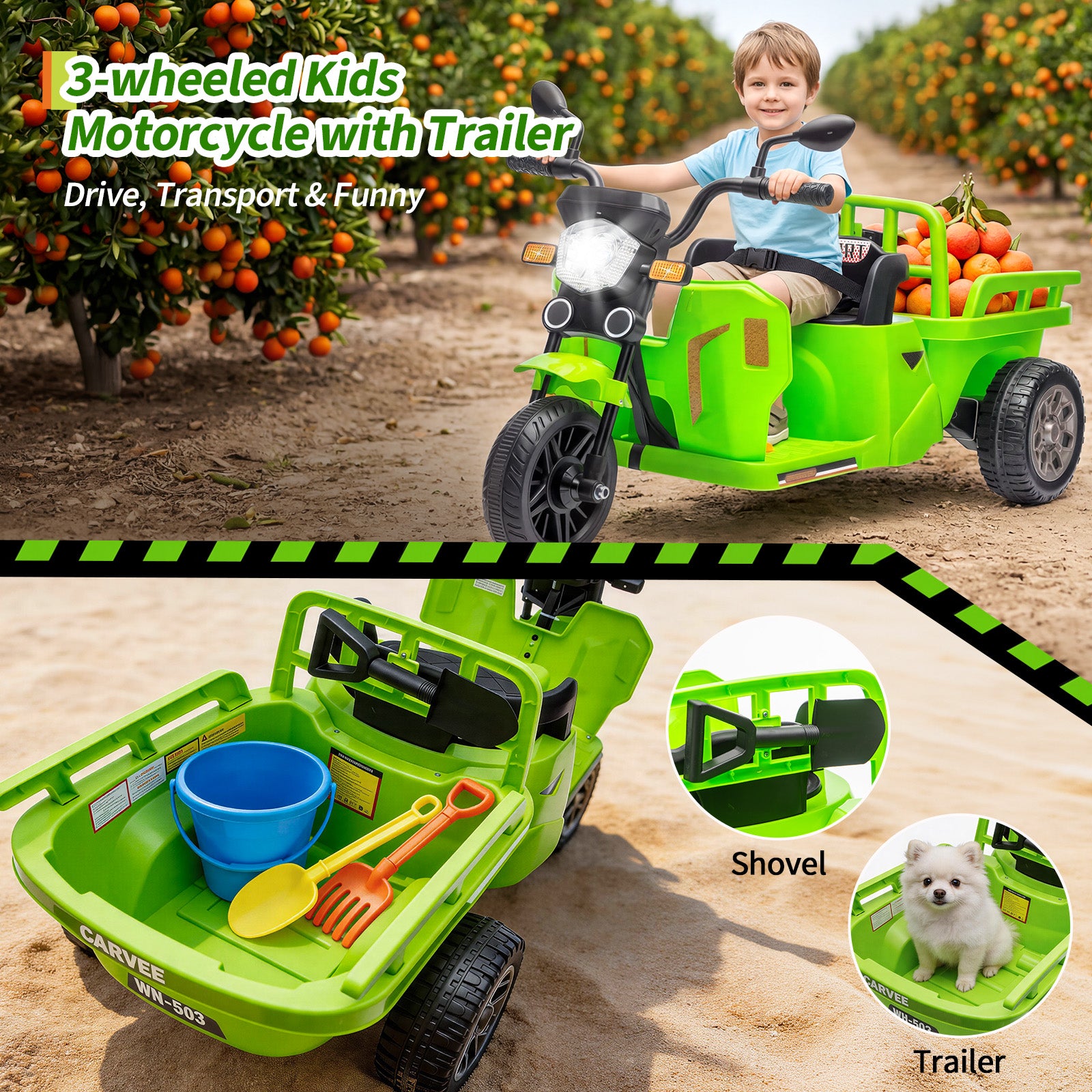Garvee Ride P Series 3-Wheels Electric Tricycle w/Trailer, 12V Battery Powered Kids Motorcycle with Sand Shovel, 2x55W Motors, Bluetooth, Music, Headlight, Ride on Motorcycle for Kids Toddlers, Gift for Boys Girls, Green
