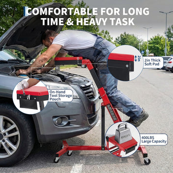 Garvee Automotive Creeper - Adjustable Height (49"-76"), 400 lbs Heavy-Duty Foldable Garage Creeper with 6 Swivel Casters, Padded Deck, and Tool Pouch for Mechanics and Lifted Automotive Repair, Red & Black