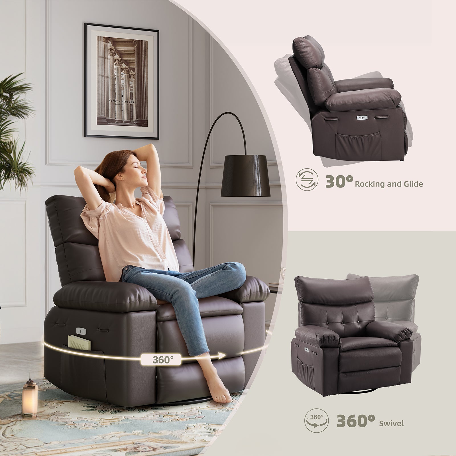 Garvee Swivel Massage Chair, Power Rocking Recliner Chair with Massage and Heating, Oversized Faux Leather Single Sofa Chair, Home Rocking Glider Chairs for Adults, Living Room, Bedroom