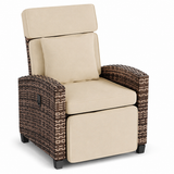 Garvee Outdoor Rattan Recliner Chair with Cushion, Adjustable Patio Lounge Chair with Footrest, Flip-Up Side Table & 145° Reclining Backrest for Porch, Balcony, Poolside, Brown Rattan + Khaki Cushion - Brown Rattan + Khaki Cushion