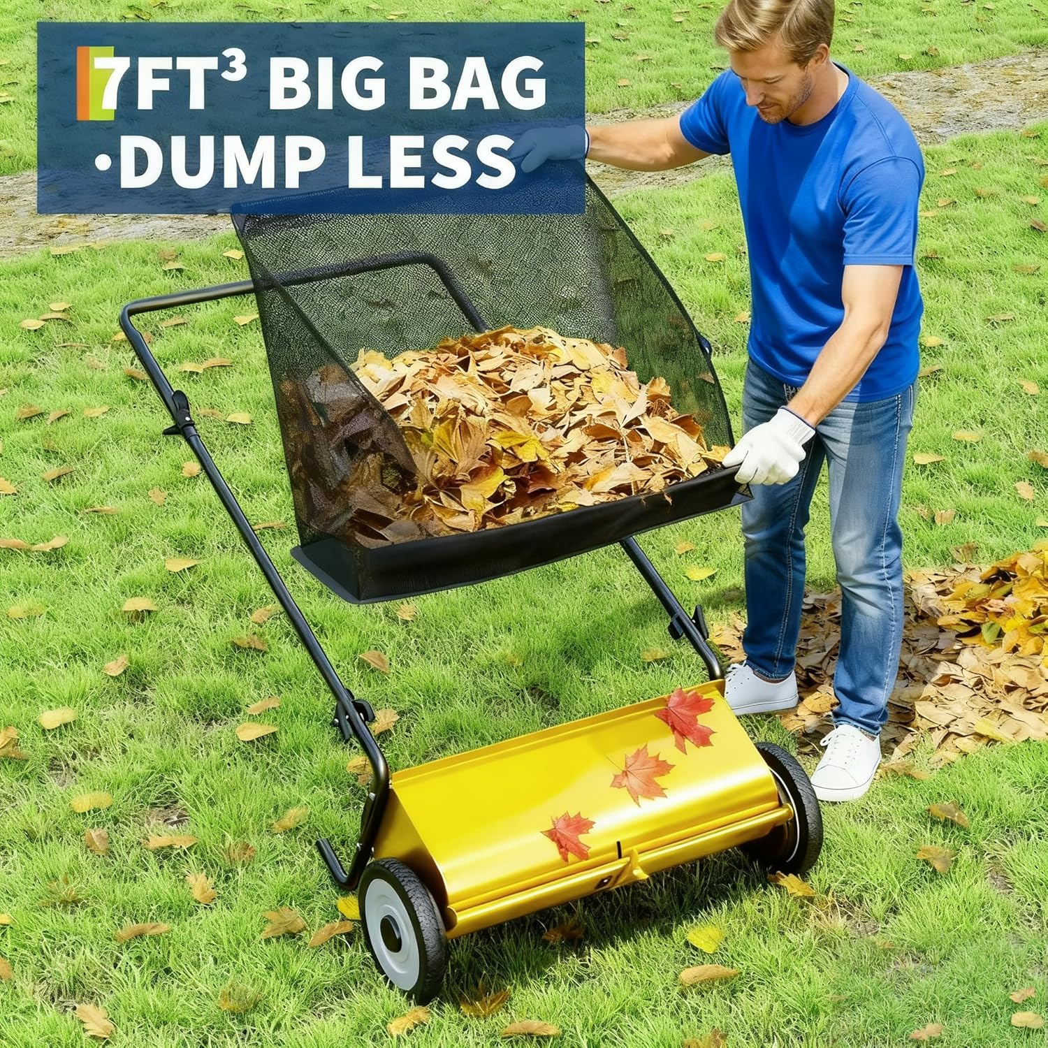 Garvee 21-Inch Push Lawn Sweeper – Enhanced 4-Brush System – Heavy-Duty Steel Frame – Adjustable Height – Large 3.5 Cu. Ft Grass Cutter Bag – Quiet Manual Operation – Perfect for Grass, Leaf & Yard Cleanup – Yellow+Black