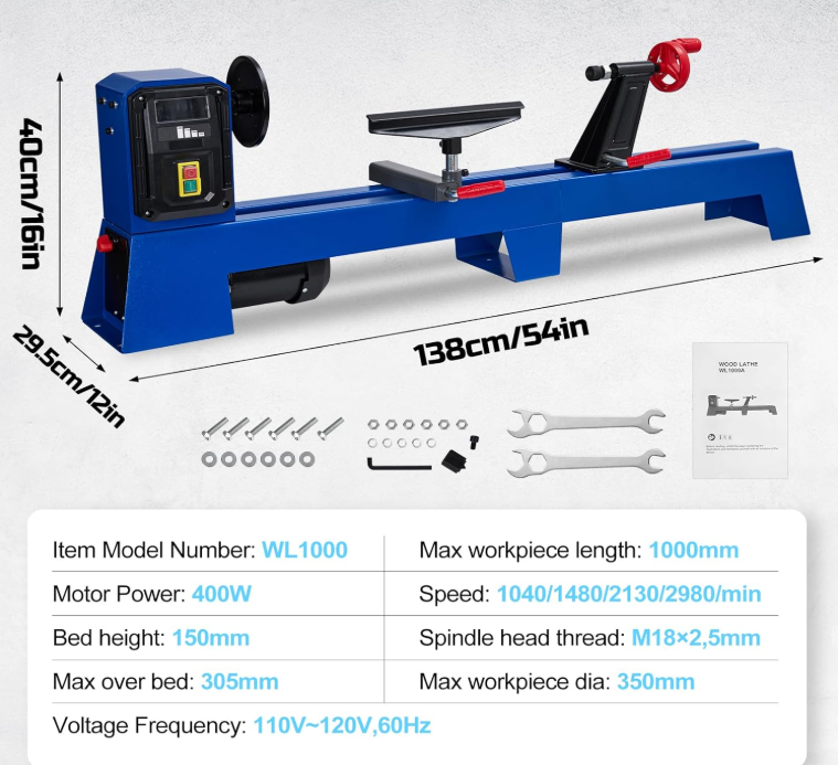 Garvee Wood Lathe, 14" x 40" Benchtop Wood Lathe Machine 0.5 HP 4 Variable Speeds 1040/1480/2130/2980 RPM, Wood Turning Lathe Machine with Wrench & 2 Chisels for Woodworking