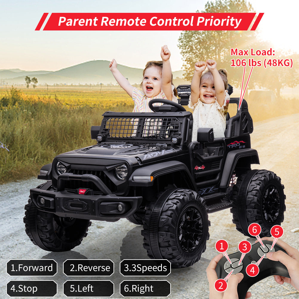 2 Seats Battery Powered Electric Truck with Remote Control, 24V Kids Ride on Toy with 20inch Extra Width Seat for 3-8 Years Kids