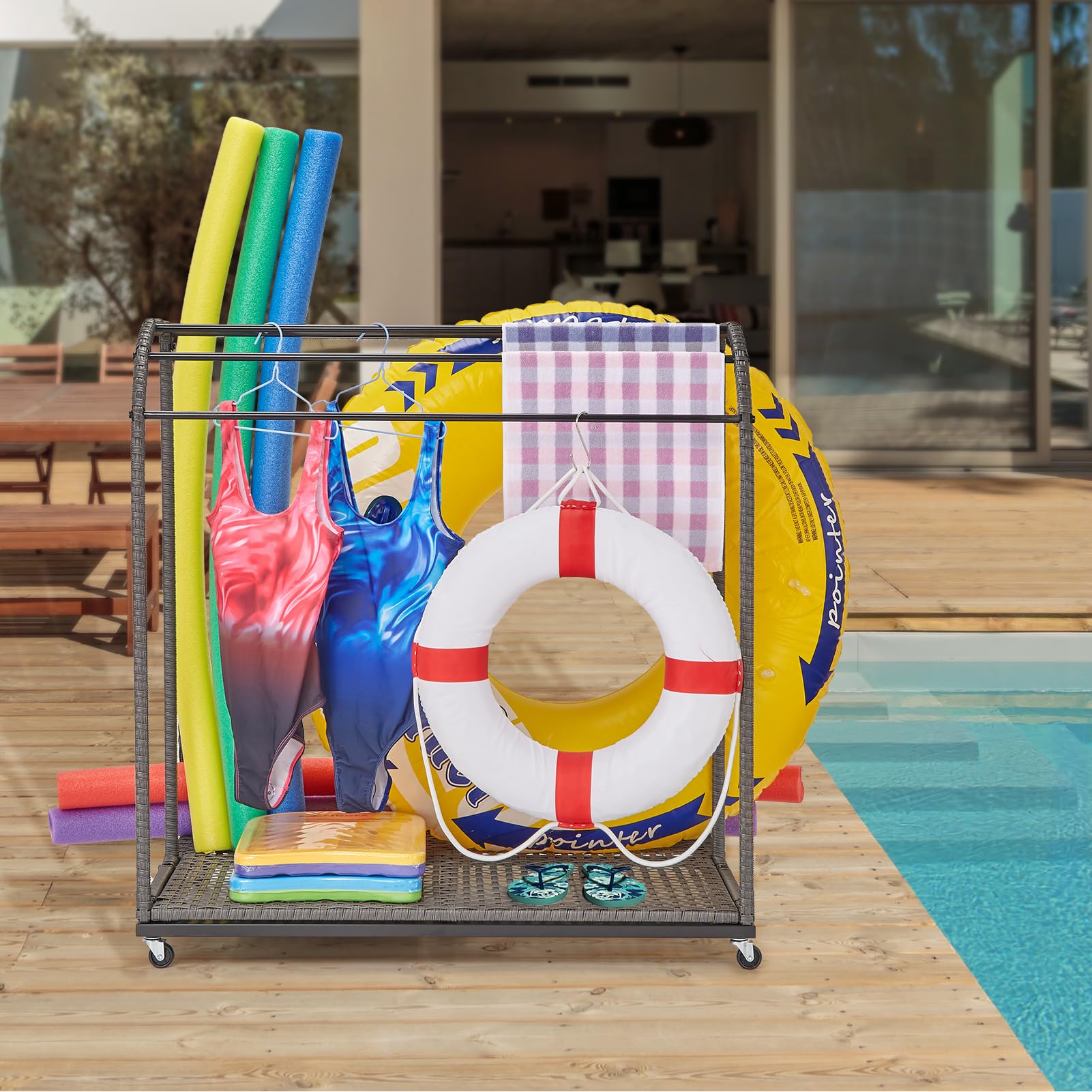 Poolside Outdoor Storage,Towel Rack Freestanding,Storage Organizer with Compartment for Floats, Pool Noodles, Swimming Rings,5 Bar Pool Towel Rack with Rattan Base for Outdoor/Indoor