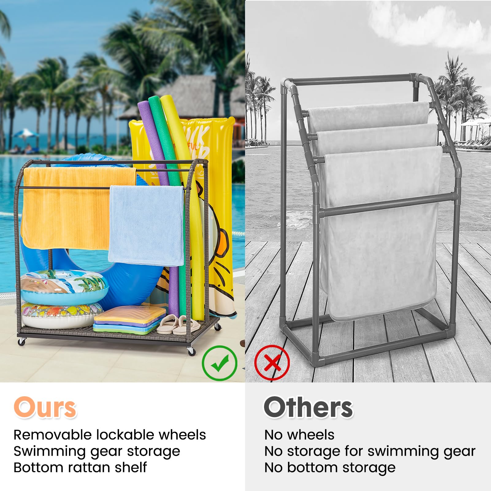 Poolside Outdoor Storage,Towel Rack Freestanding,Storage Organizer with Compartment for Floats, Pool Noodles, Swimming Rings,5 Bar Pool Towel Rack with Rattan Base for Outdoor/Indoor
